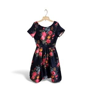 Elegant Floral Fit & Flare Dress- Navy and Pink